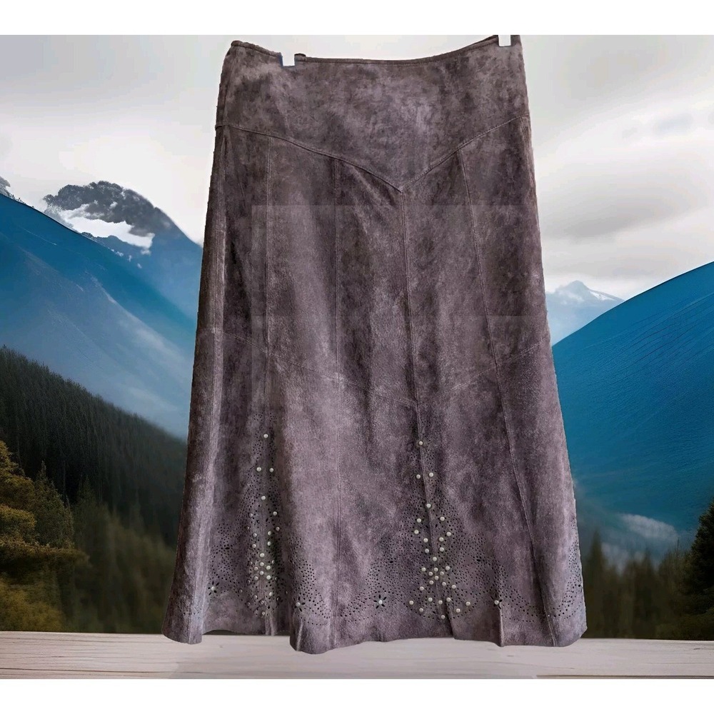 100% Leather Maxi Skirt M Embellished Stud Flower Boho Cowgirl Western Prairie